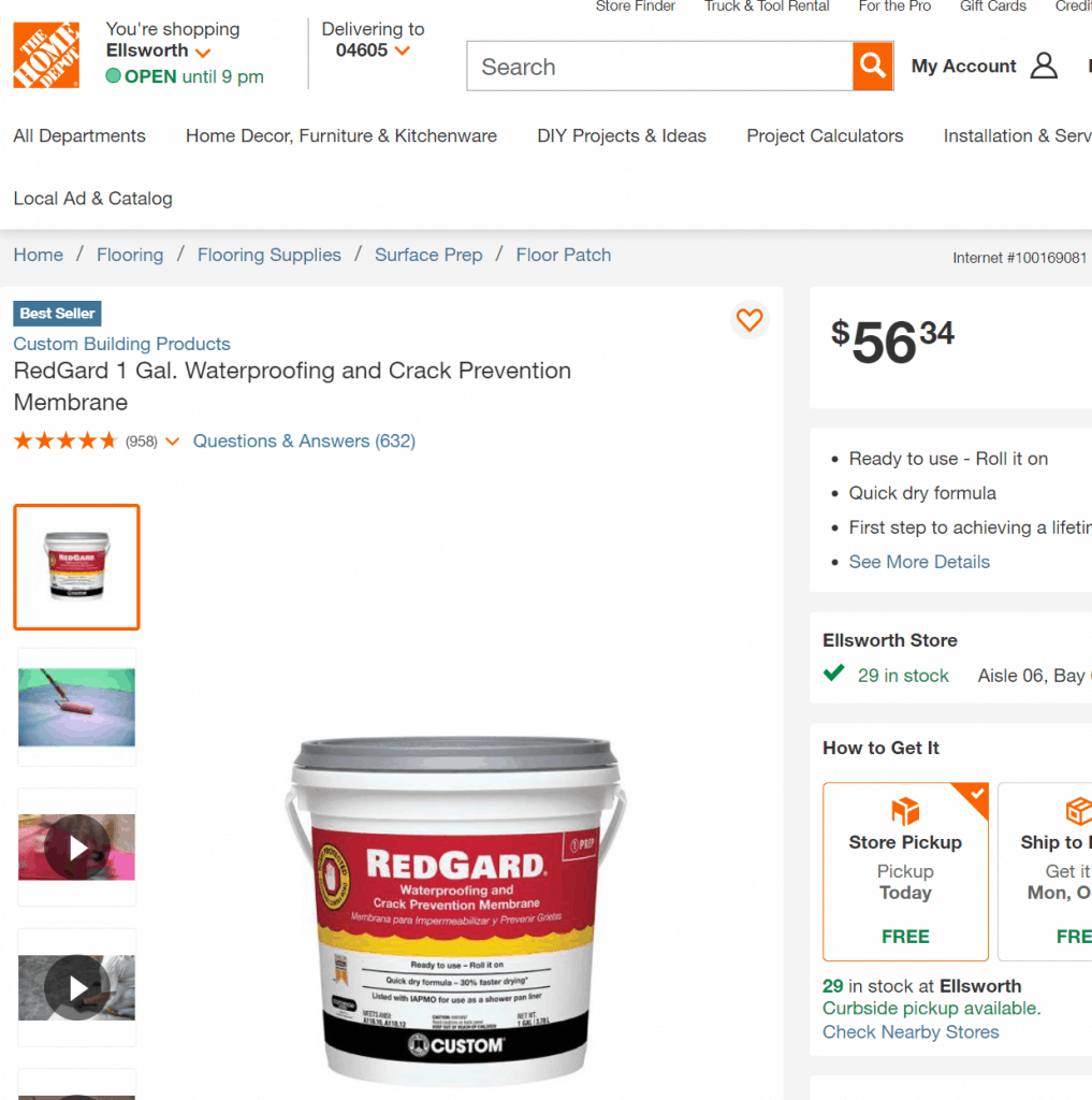 Liquid RedGard crack prevention membrane from Home Depot
