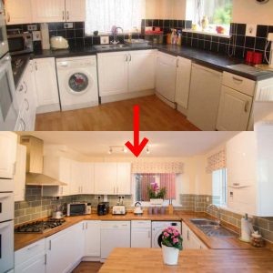 The before and after view of the kitchen revamp in my old house